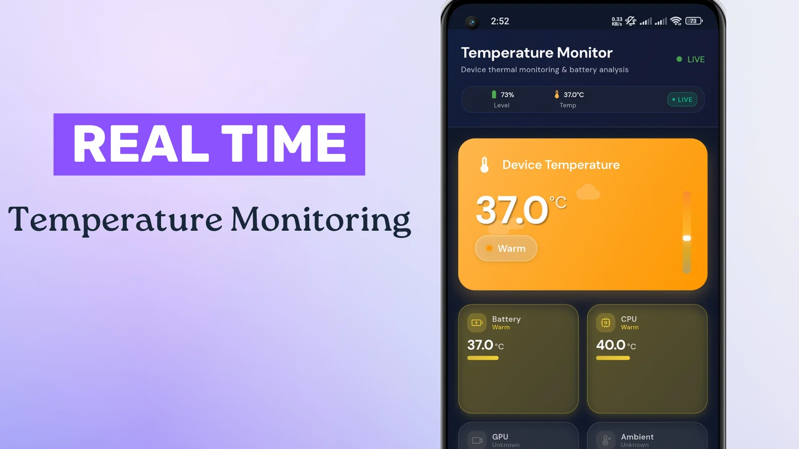 Device Temperature Monitor on a phone showing live device, battery and CPU temperatures, beside the words Real time temperature monitoring