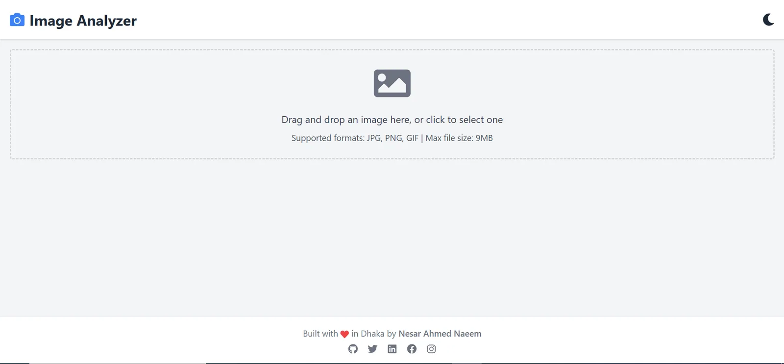 Image Analyzer upload screen: drag and drop a JPG, PNG or GIF up to 9 MB