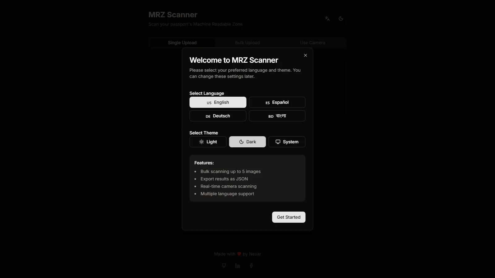MRZ Scanner welcome screen with language and theme choices and its features: bulk scanning, JSON export, camera scanning, multiple languages