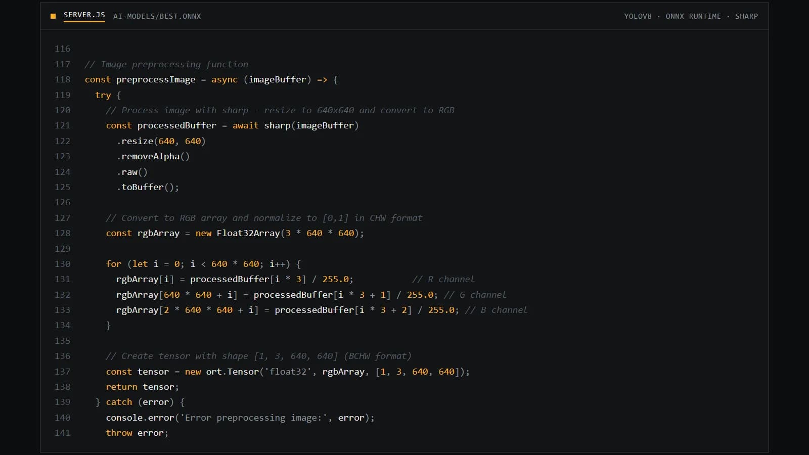 Code from the detector's server.js: Sharp resizes the upload to 640 by 640 and builds the float32 tensor the YOLOv8 ONNX model expects